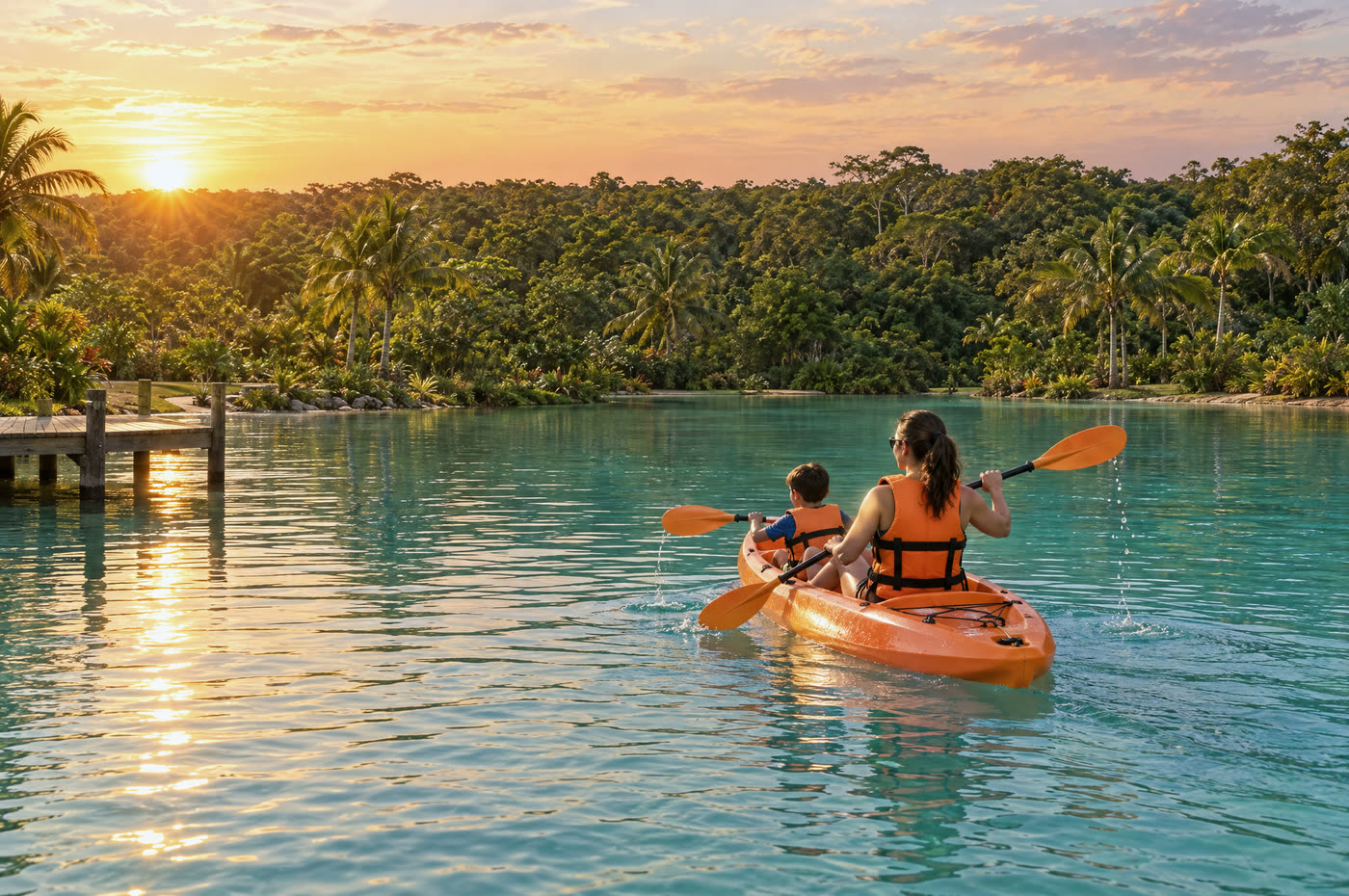 Madre e hijo remando en un kayak naranja rodeados de naturaleza